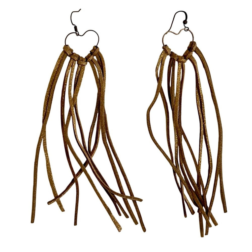 Handcrafted Gold Metallic Leather‎ Fringe Heart Earrings Long Boho Tassel 6 Inch